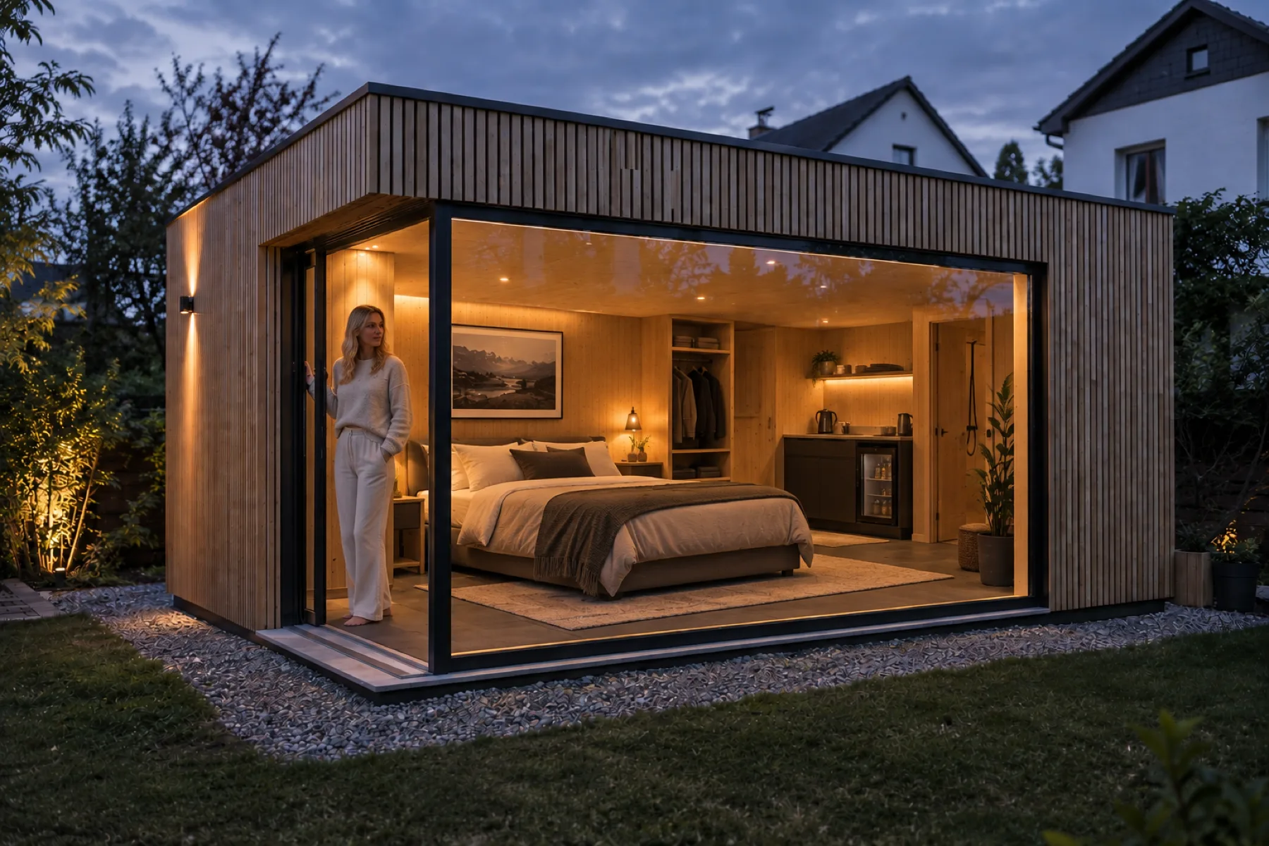 Innenansicht BRADA Pod Gästehaus: Doppelbett mit Leinenbettwäsche an der Glasecke, Kitchenette und Garderobennische