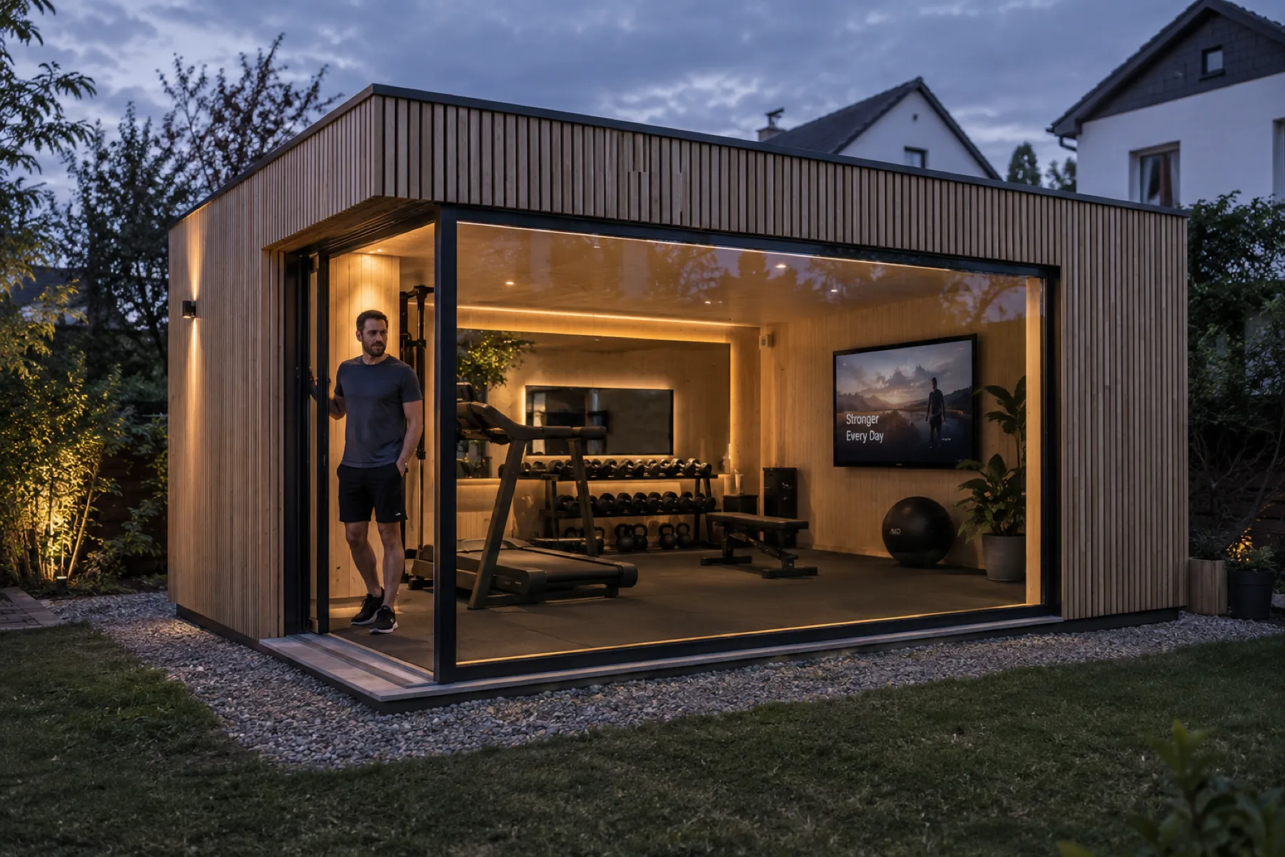 Innenansicht BRADA Pod Gym: Laufband, Kurzhantel-Rack und großer Bildschirm hinter der Glasecke am Abend