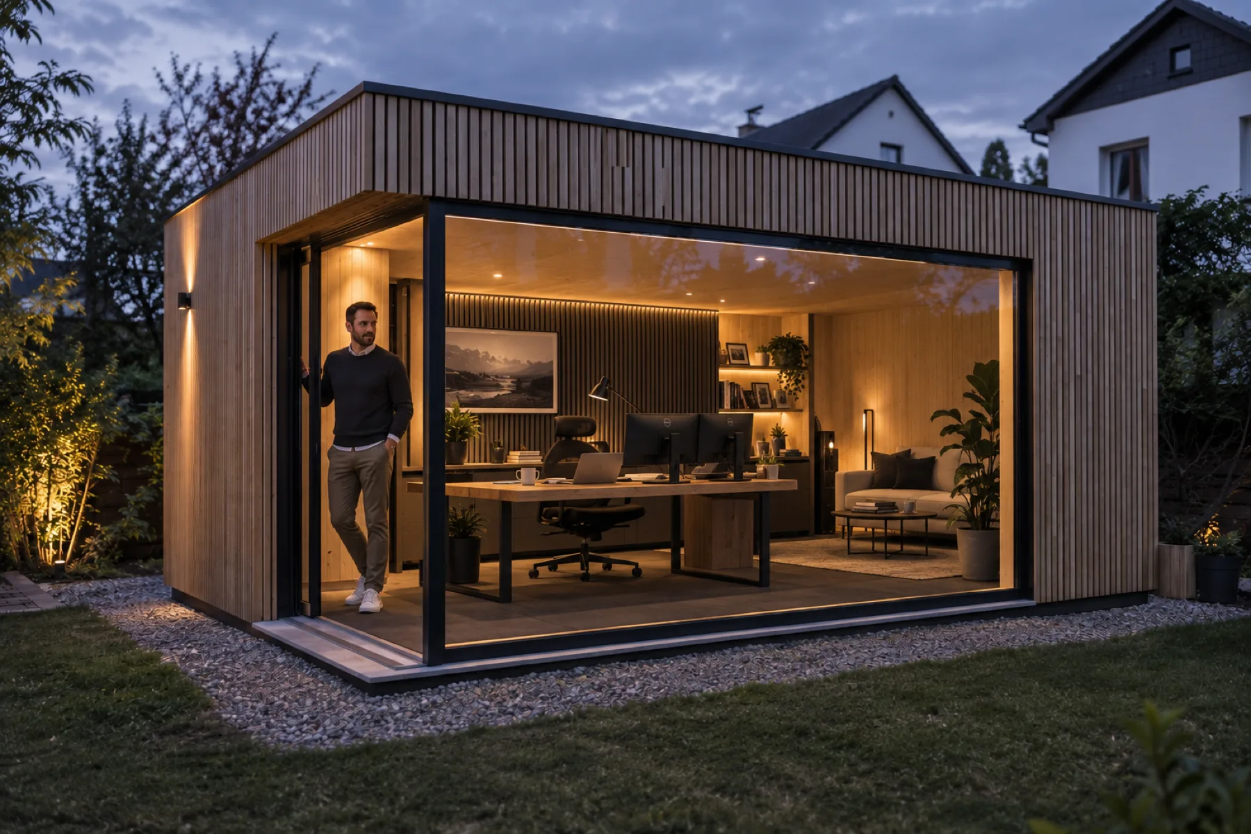 BRADA Pod als Gartenbüro in der Abenddämmerung – Massivholz-Kubus mit Lärchenfassade und verglaster Ecke, warm beleuchteter Arbeitsplatz
