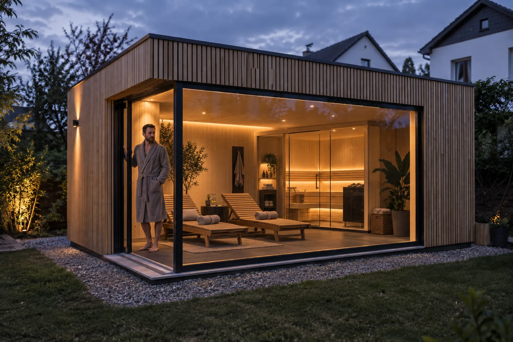 Innenansicht BRADA Pod Sauna: Ruhezone mit zwei Holzliegen an der Glasecke, dahinter Saunakabine mit Glasfront und Elektroofen