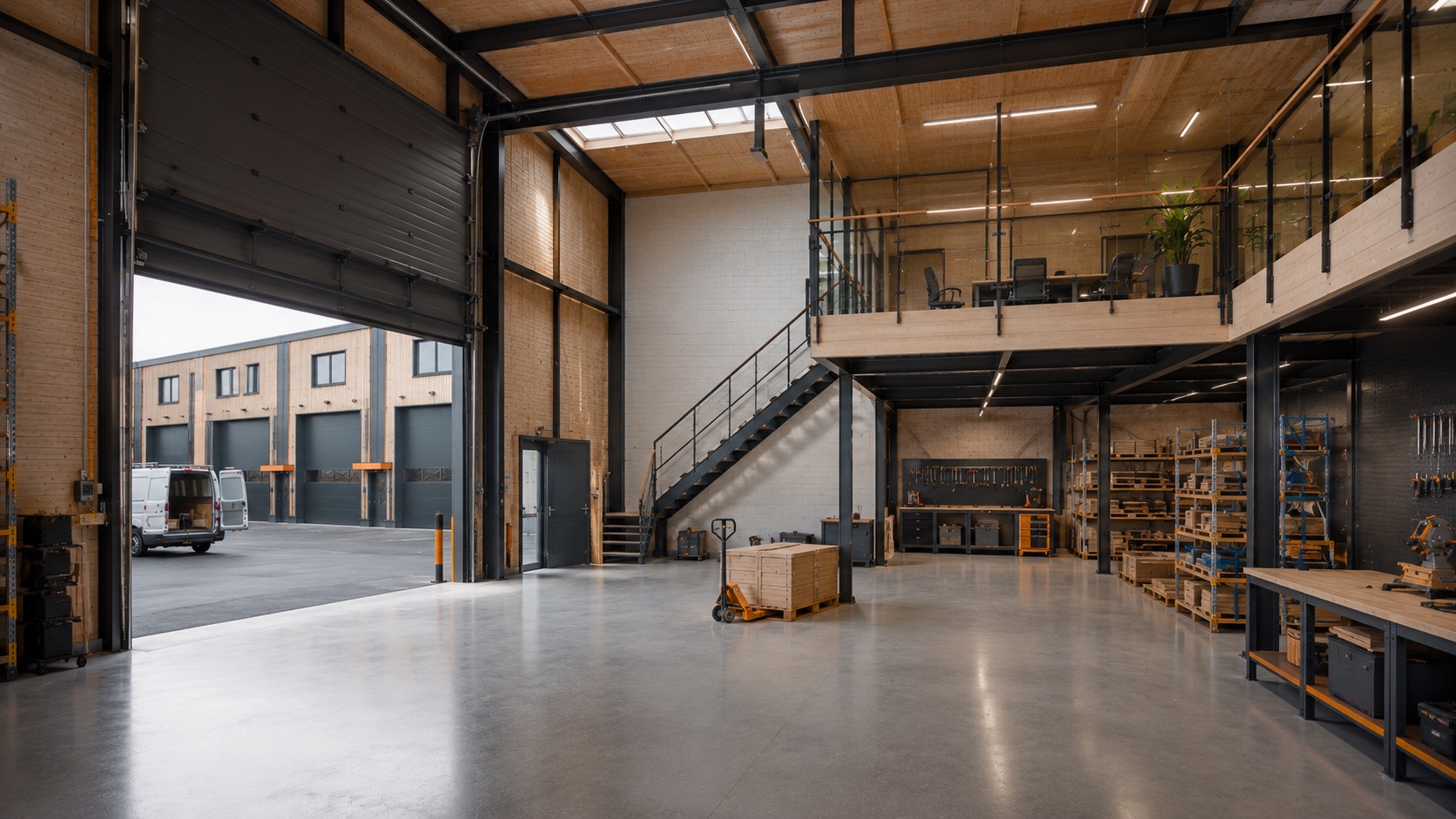 Visualisierung einer Gewerbehalleneinheit: hohe Halle mit Sektionaltor und eingezogener Büroebene