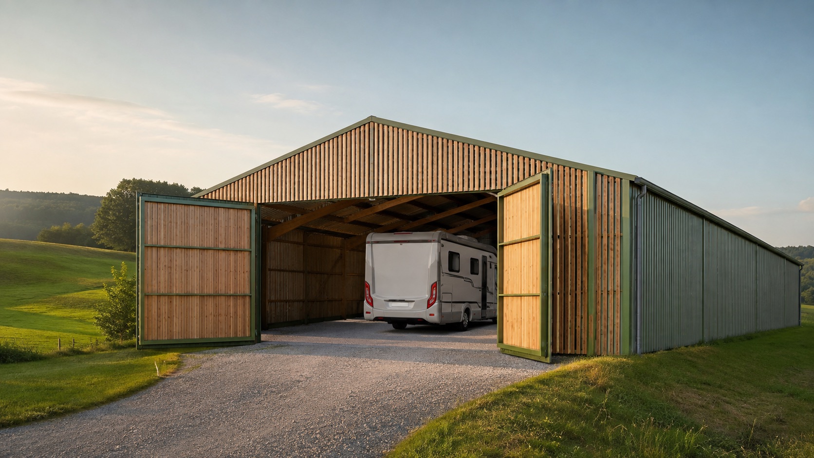 Moderne Holzhalle für Wohnmobile mit einfahrendem Reisemobil