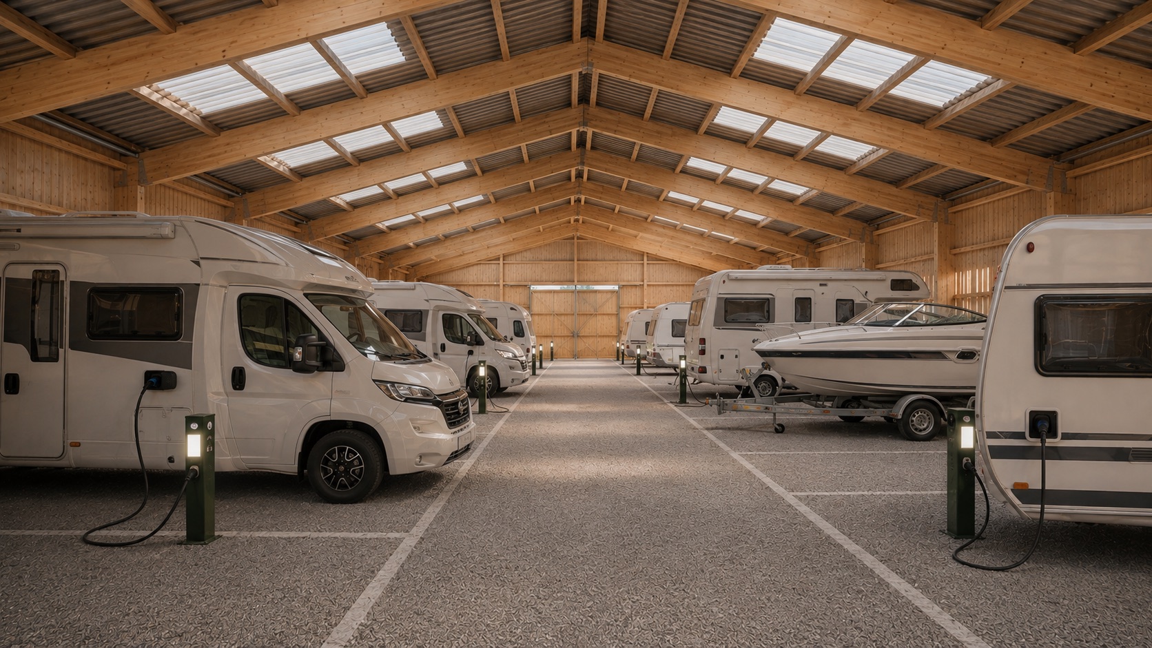 Visualisierung des Innenraums: Wohnmobile in einer hellen Holzhalle mit markierten Stellplätzen
